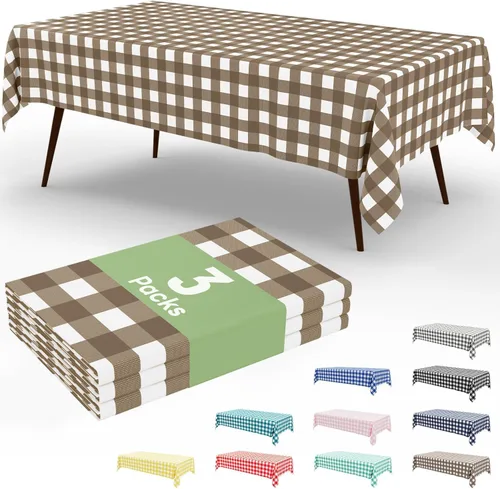 Vista 62 de Smiry Paquete de 3 Manteles Desechables de Cuadros Gingham Color Caqui - 54" x 72" Mantel de Plástico de Servicio Pesado, Cubiertas de Mesa