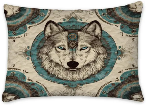 Vista 3 de Edredón de lobo personalizado, diseño nativo de ojos azules, tamaño matrimonial, juego de edredón de tamaño King, decoración para habitación
