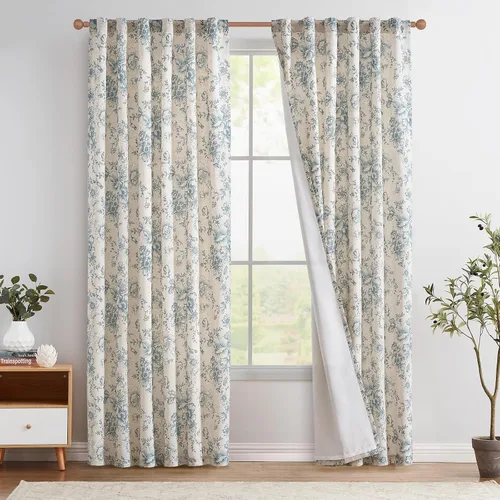 Vista 48 de Jinchan Cortinas de Mezcla de Lino con Estampado Floral para Sala de Estar, 84 Pulgadas de Largo, Cortinas con Bolsillo para Varilla y Tab Trasera