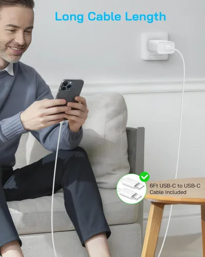 Vista 6 de Cargador de carga rápida para iPhone 17, 16, 15 Pro, bloque de carga rápida USB-C de 40 W para iPhone con cable de carga tipo C a C de 6 FT