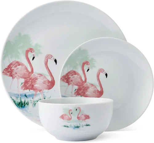 Vista 2 de Studio Nova Flamingo Haven Tropical juego de vajilla de 12 piezas, platos y cuencos, para 4 comensales