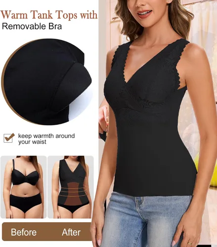 Vista 3 de Camiseta sin mangas adelgazante para mujer, cuello en V, camisola de encaje con brasier integrado, capa base