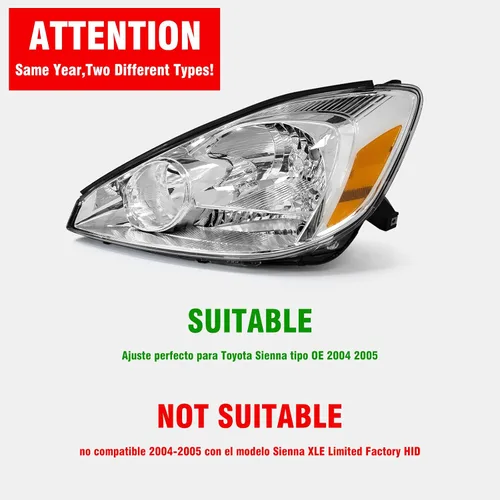 Vista 2 de Conjunto de faros delanteros para Toyota Sienna 2004 2005 carcasa cromada con reflector ámbar izquierda y derecha (sin bombillas)
