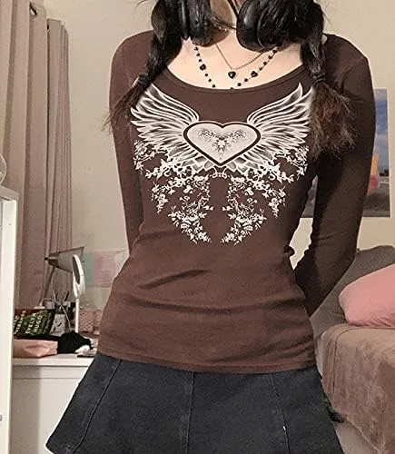 Vista 2 de Harajuku Aesthetic Floral Long Sleeve Crop Tops V Neck Retro Gothic Y2K T Shirts Vintage Autumn Fall Winter Streetwear