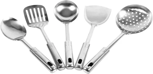 Vista 2 de Juego de 5 utensilios de cocina de acero inoxidable, juego de utensilios de cocina versátiles con mango ergonómico para cocina