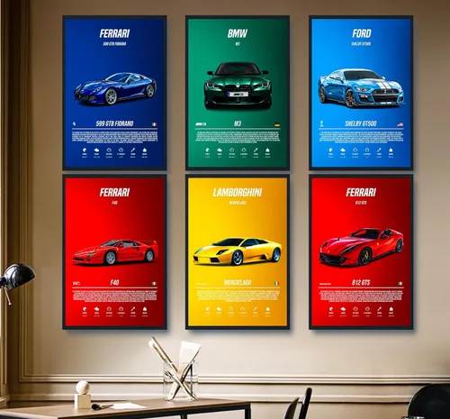 Vista 3 de 9 pósteres de súper autos para habitación de niños, decoración de pared de autos deportivos, arte de pared de autos de carreras para hombres