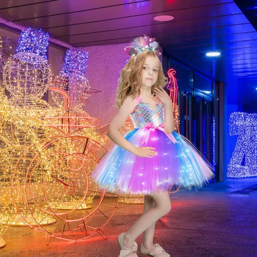 Vista 9 de Girls Mermaid Tutu Dress for Birthday Party, LED Light Up Halloween Mermaid Outfit Dress Up Dress with Headband