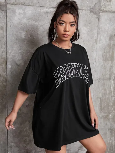Vista 3 de Verdusa Camiseta de gran tamaño con estampado de letras y hombros caídos para mujer