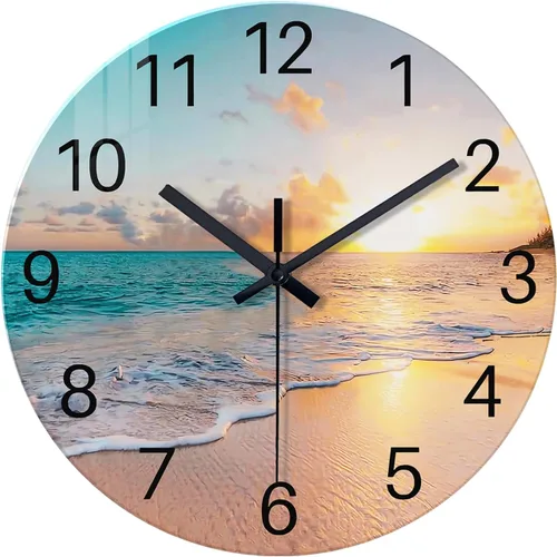 Vista 13 de Reloj de pared de playa con pilas, reloj de pared de vidrio de 12 pulgadas, analógico, sin tictac, relojes de pared azules para dormitorio, sala