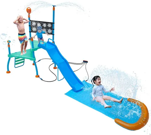Vista 12 de Plum Play Kids Tobogán de Agua Equipo de Juego Exterior - Juguetes de Agua para Niños Pequeños, Pistola de Agua, Barras de Mono, Aspersor