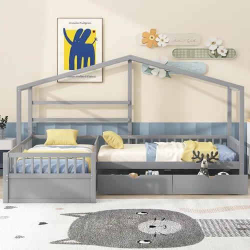 Vista 4 de Harper & Bright Designs Cama de plataforma de casa con cajones de almacenamiento y techo, marco de cama de madera tamaño individual con valla