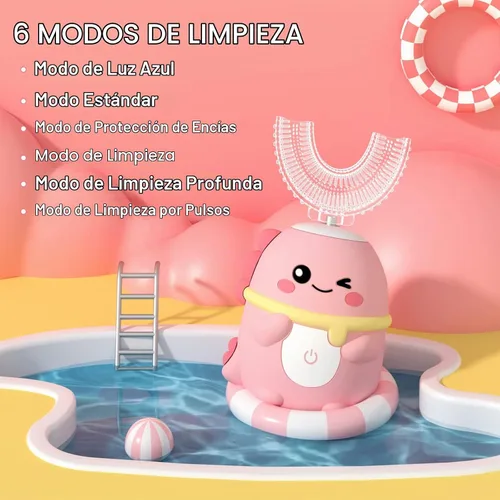 Vista 3 de Cepillo de dientes eléctrico para niños JIANLEJIA en forma de U, cepillos de dientes sónicos automáticos para niños pequeños con 5 cabezales
