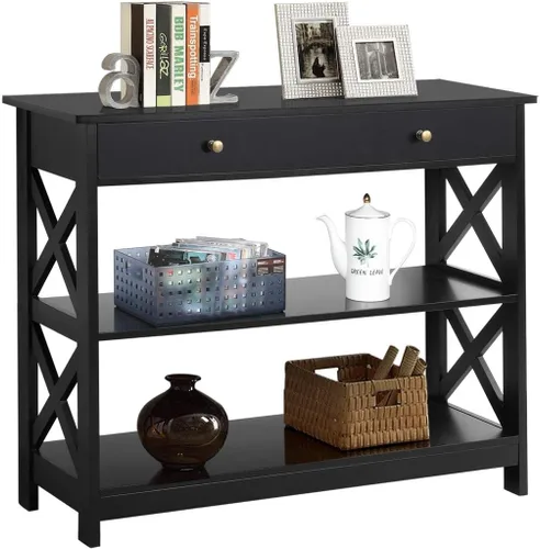 Vista 10 de Yaheetech Mesa consola con cajón, mesa de entrada de 3 niveles con estantes de almacenamiento, mesa de sofá estrecha de madera para Blanco