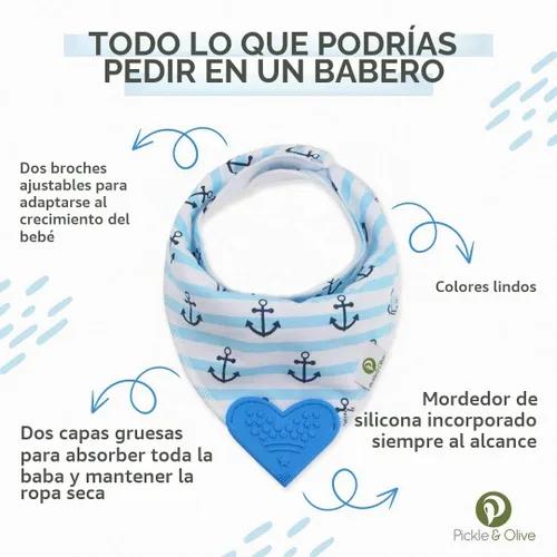 Vista 3 de Pickle & Olive Baberos de dentición bandana para bebé con mordedor de silicona adjunto, juego de 4, Azul mar