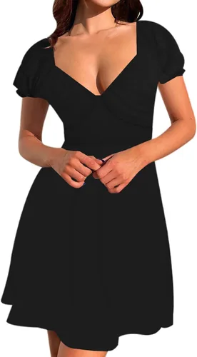 Vista 3 de SPRIME Vestido casual de verano para mujer, cuello en V, manga corta abombada, vestido midi con estampado floral, cintura alta, con abertura