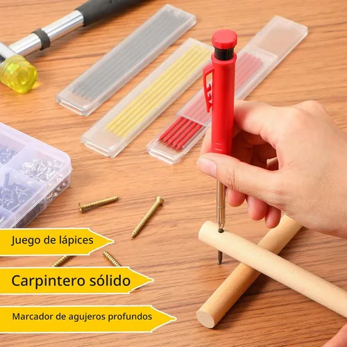 Vista 3 de Outus Juego de 3 lápices de carpintero con 36 repuestos, marcador mecánico de agujero profundo, bolígrafos de construcción de punta larga
