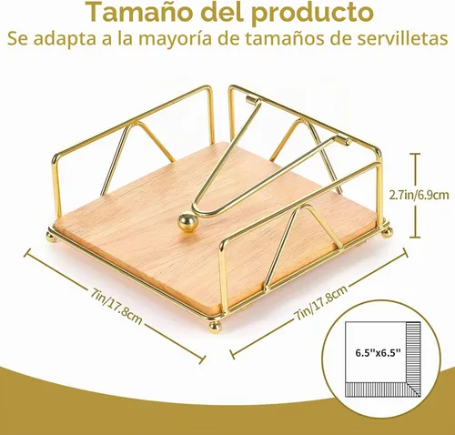 Vista 2 de Servilletero de metal, base de madera moderna, soporte de servilleta dorada para mesa con brazo de peso, para decoración de mesa de cocina, cóctel
