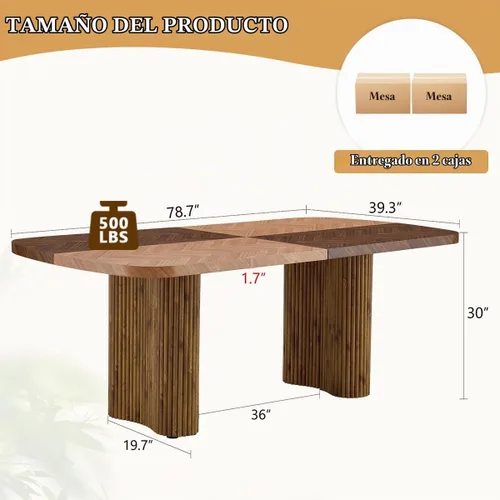 Vista 2 de Mesa de comedor extra larga de 78.7 pulgadas para 6-10 personas, mesa de cocina moderna con bases estriadas, mesa de comedor rectangular de granja