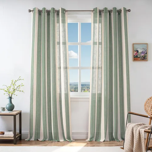 Vista 82 de DriftAway Cortinas de estilo granja con rayas verticales de lino mezclado texturizado con filtro de luz semitransparente para sala de estar
