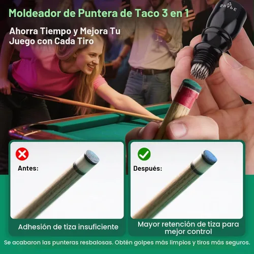 Vista 6 de Paquete de 2 herramientas de punta de taco de billar de alta calidad, moldeador de punta de taco de billar 3 en 1, accesorios de billar compactos