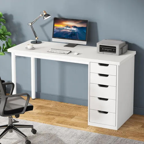 Vista 12 de Tribesigns Escritorio para computadora con 5 cajones, escritorio de oficina en casa de 47 pulgadas, color marrón rústico, con almacenamiento Negro