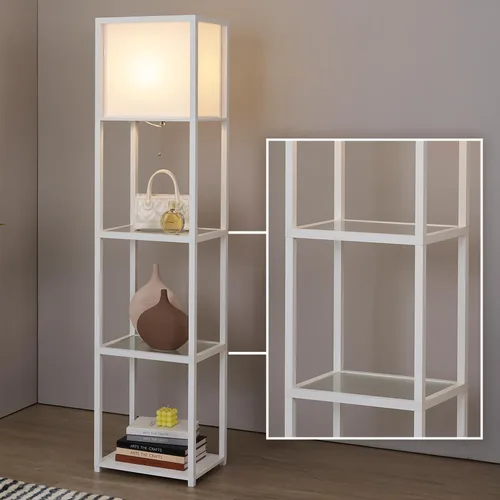 Vista 15 de Lámpara de pie con estantes, moderna lámpara de estante cuadrada con pantalla blanca, lámpara de pie de esquina para sala de estar, dormitorio