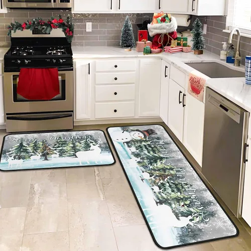 Vista 5 de Juego de 2 tapetes de cocina verdes de Navidad, decoración de Navidad antideslizante, ciervo, muñeco de nieve, alfombras de cocina de invierno