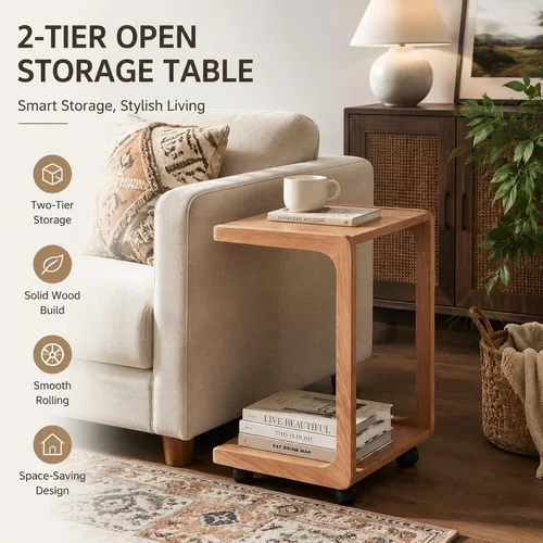 Vista 2 de 100% Solid Wood Rolling Side Table, Mobile End Table with Wheels Oak