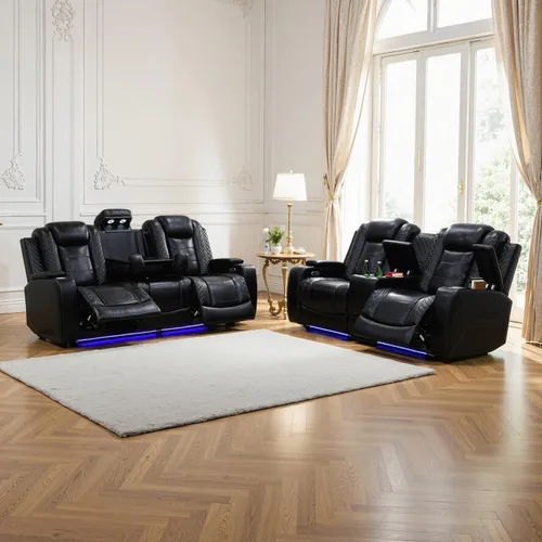 Vista 32 de Sofá reclinable con luces LED, sofá reclinable de cuero con dos asientos reclinables/puerto USB/consola de almacenamiento/soporte para vasos