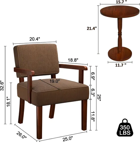 Vista 2 de FAGAGA Juego de 2 sillas de acento de pana con mesa, sillones modernos de mediados de siglo con marco de madera maciza, sillas de lectura y descanso
