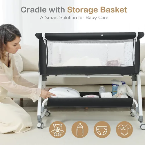 Vista 7 de Cuna para bebé, moisés junto a la cama, cuna de 4 en 1 con ruedas con cerradura, mosquitera, cuna portátil plegable ajustable para recién nacido