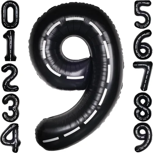 Vista 54 de Coche de carreras de 40 pulgadas, color negro, número 0, gran pista de carreras de helio, 0-9, gigante, digital, 0º papel de aluminio de Mylar