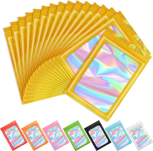 Vista 8 de Funfery 100 bolsas holográficas de Mylar naranja, cremallera resellable