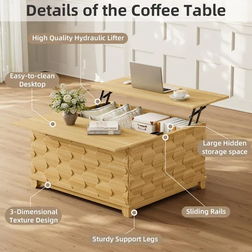 Vista 8 de BROTTAR Mesa de Centro con Tapa Elevable, Mesa de Centro Cuadrada de 31.5'' con Almacenamiento, Mesas de Centro Estilo Granja con Almacenamiento
