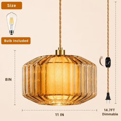 Vista 6 de ZECOXOL Lámpara colgante enchufable Fuente de alimentación enchufable, iluminación interior Ámbar-vidrio-capa única