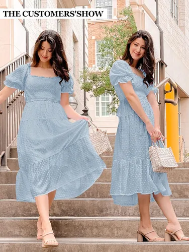 Vista 6 de MEROKEETY - Vestido de verano con lunares suizos para mujer vestido midi con cuello cuadrado, mangas abombadas, volados, lazo en la espalda