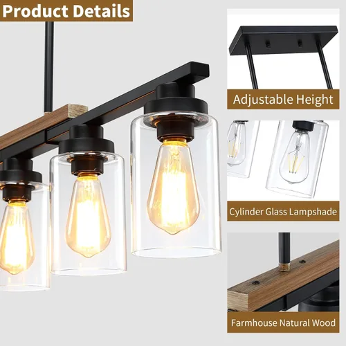 Vista 5 de Lámpara de comedor sobre mesa, iluminación de isla de cocina de 4 luces, modernos candelabros de madera para comedor con altura ajustable, luces