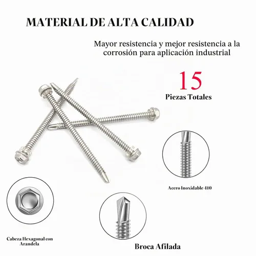 Vista 3 de Tornillos autoperforantes de cabeza hexagonal de arandela #14 x4 (1" a 4-7/8" disponibles), acero inoxidable 410, tornillos Tek de chapa
