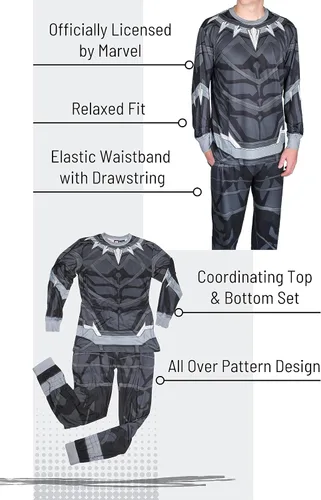Vista 3 de Marvel Avengers Black Panther Deadpool Spiderman - Conjunto de pijama para hombre adulto Negro Gris