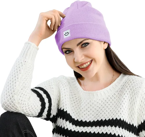 Vista 4 de MaxNova Gorro para mujer y hombre, diseño de cara sonriente, gorro de invierno, 2 paquetes