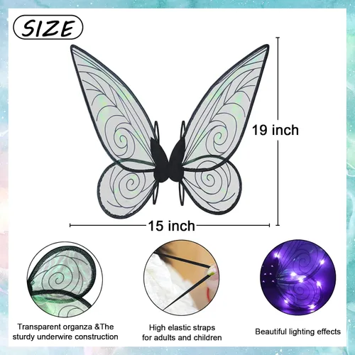 Vista 6 de quescu Alas de hadas iluminadas para adultos, alas de mariposa LED para niñas y mujeres, disfraz de Halloween, regalos para niños