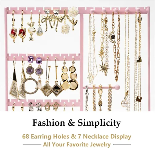 Vista 2 de PiQi-Grecge Organizador de joyas, organizador de aretes de 4 niveles con bandeja de metal, soporte para joyas para collares, aretes, pulseras