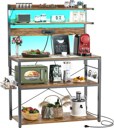 Vista 14 de Aheaplus - Estantería de cocina con toma de corriente, soporte para microondas, estación de café de 5 niveles con luces LED, estante