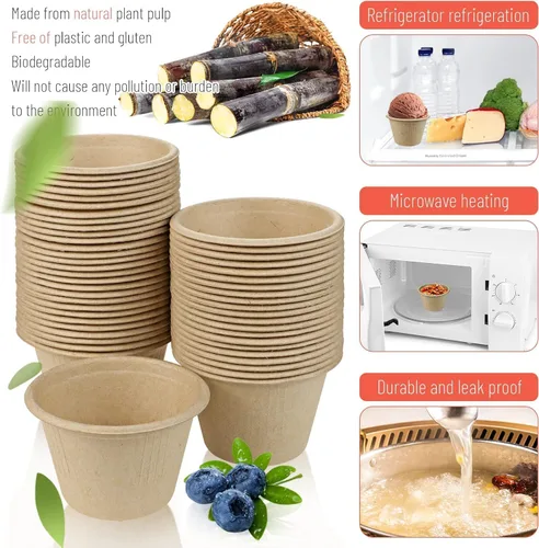 Vista 5 de 200 cuencos de papel biodegradables naturales de caña de azúcar de 4 onzas, cuencos de papel compostables para ensalada, sopa caliente, pasta