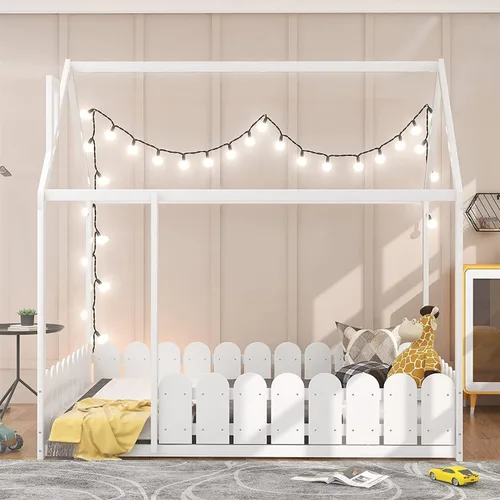Vista 10 de Harper & Bright Designs Marco de cama individual para niños, cama Montessori de madera individual con barandillas en forma de valla, marcos de cama