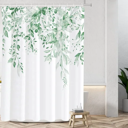 Vista 29 de Tititex - Juego de cortinas de ducha de eucalipto negro, hojas de acuarela gris en la parte superior, con decoración floral de baño, 60 x 72