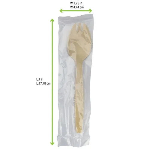 Vista 3 de PacknWood - 210SPKBEM - Tenedores envueltos individualmente - Cubiertos de bambú 100% naturales y compostables, Spork de plástico desechable