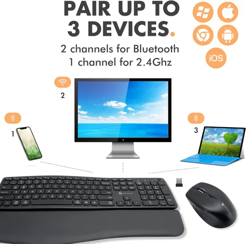 Vista 4 de Teclado y mouse inalámbricos retroiluminados X9 (Bluetooth + 2.4G) Combo ergonómico de teclado y mouse inalámbrico con reposamuñecas, recargable