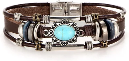 Vista 3 de Pulsera de cuero con incrustaciones de turquesa para mujer, pulsera de cuero punk creativa, retro, ovalada, viento, Navidad, cumpleaños, joyería