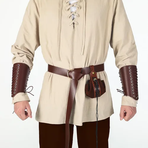 Vista 5 de Jeyiour Camisa medieval para hombre, banda al tobillo, pantalones, bolsa de cuero, brazalete vikingo, retro, renacentista, disfraz de Halloween